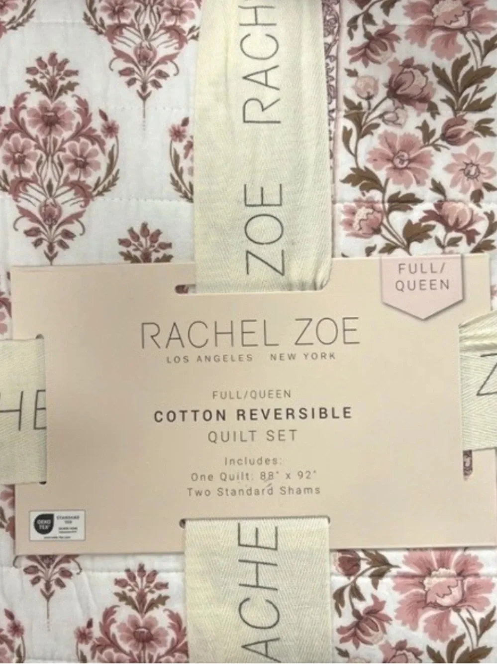 Rachel Zoe Full/Queen Pink and White Cotton Reversible Quilt Set 88”x92”